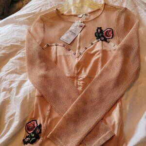 ANGELS NEVER DIE peach FISHNET long sleeve detailed top size 2 EU.  NEW